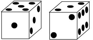die with 5 on top face, 1 on near face, 3 on right face.  Die with 3 on top face, 2 on near face and 6 on fight face