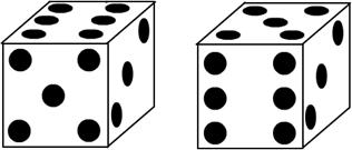 Die with 6 on top face, 5 on near face and 3 on right face.  Die with five on top face, 6 on near face and 3 on right face
